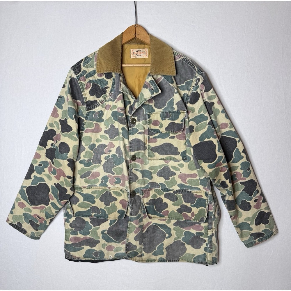 VTG  SafTBak  Frogskin‎ Camo Hunting Chore Jacket Men L Corduroy Distressed READ